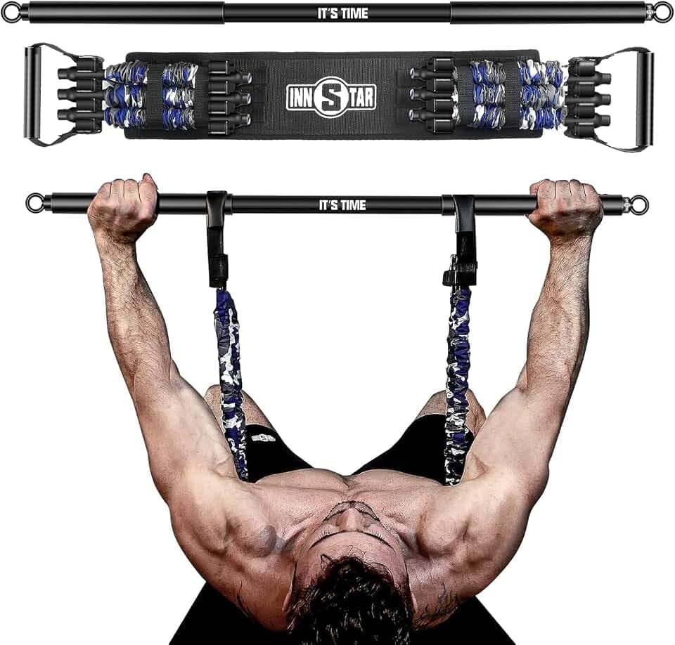 INNSTAR Verstellbares Widerstandsband mit maximaler Belastung 360 kg – für das Training zu Hause und im Fitnessstudio, tragbare Fitness-Bank für Brust- und Armtraining (Blau – 48 kg)