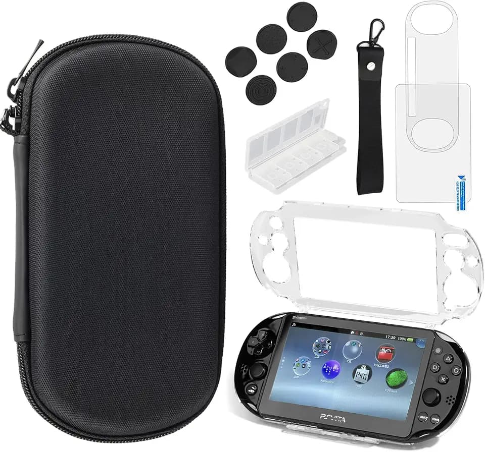12-in-1 Accessories Kit for PS Vita 2000 Slim - Black Case with Front & Back Protector, crystal protective cover for PSV 2000,6Pcs Thumb Grip Caps, card box, wristband hanging rope