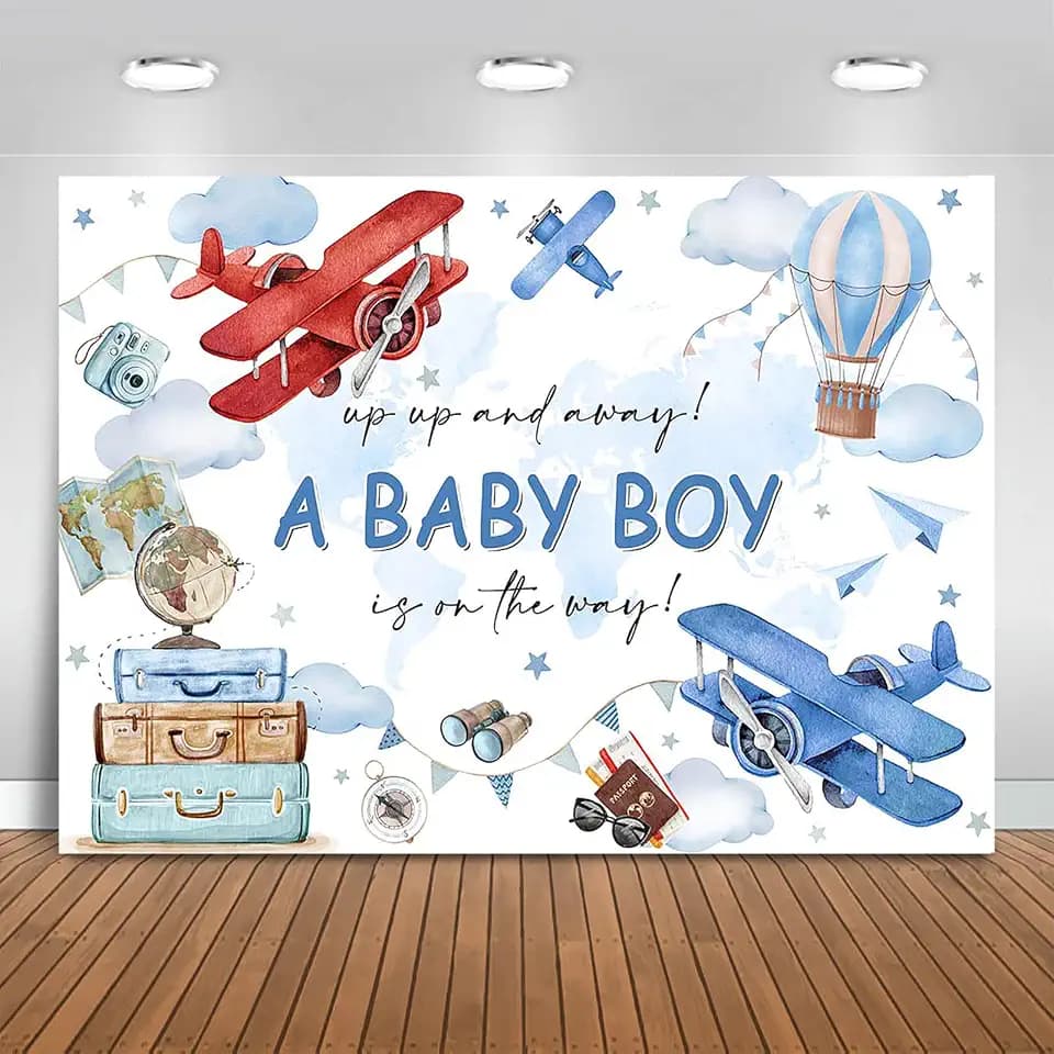 Airplane Baby Shower Backdrop 7x5ft Adventure Theme Boy Baby Shower Party Decorations Background Let The Adventure Begin Banner for Newborn Baby Photo Booth Props