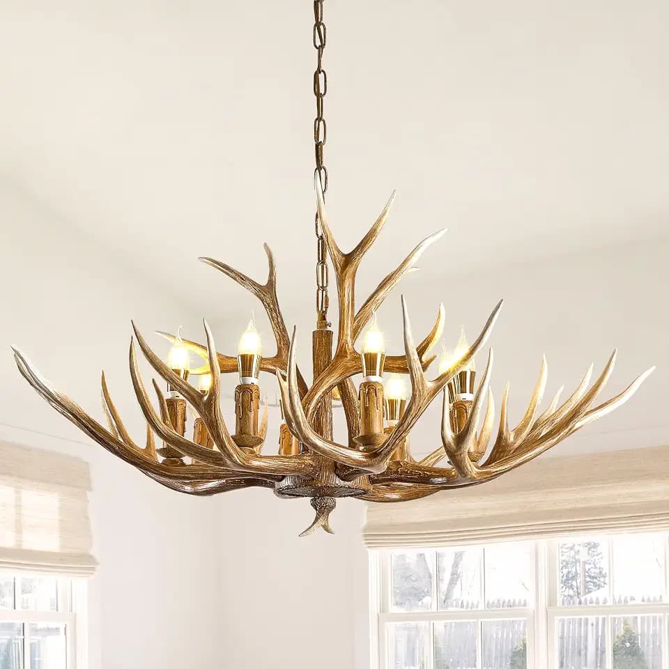 Antlers Chandelier 8 Light,Deer Antler Chandelier Lighting Resin Faux Horn Antler Lighting Rustic Vintage Farmhouse Pendant Lamp for Log Cabin, Dining Room, Kitchen Island(8 Lamp Arms)