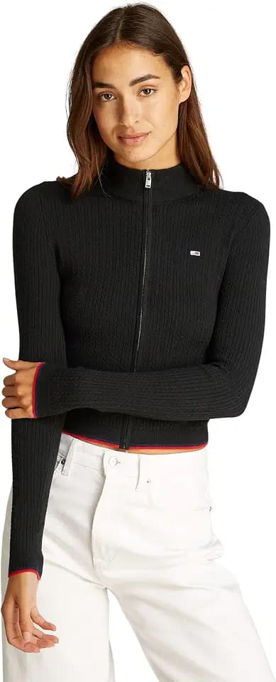 Tommy Jeans Damen Pullover mit Reißverschluss Cable Zip Thru Cardigan Figurbetont