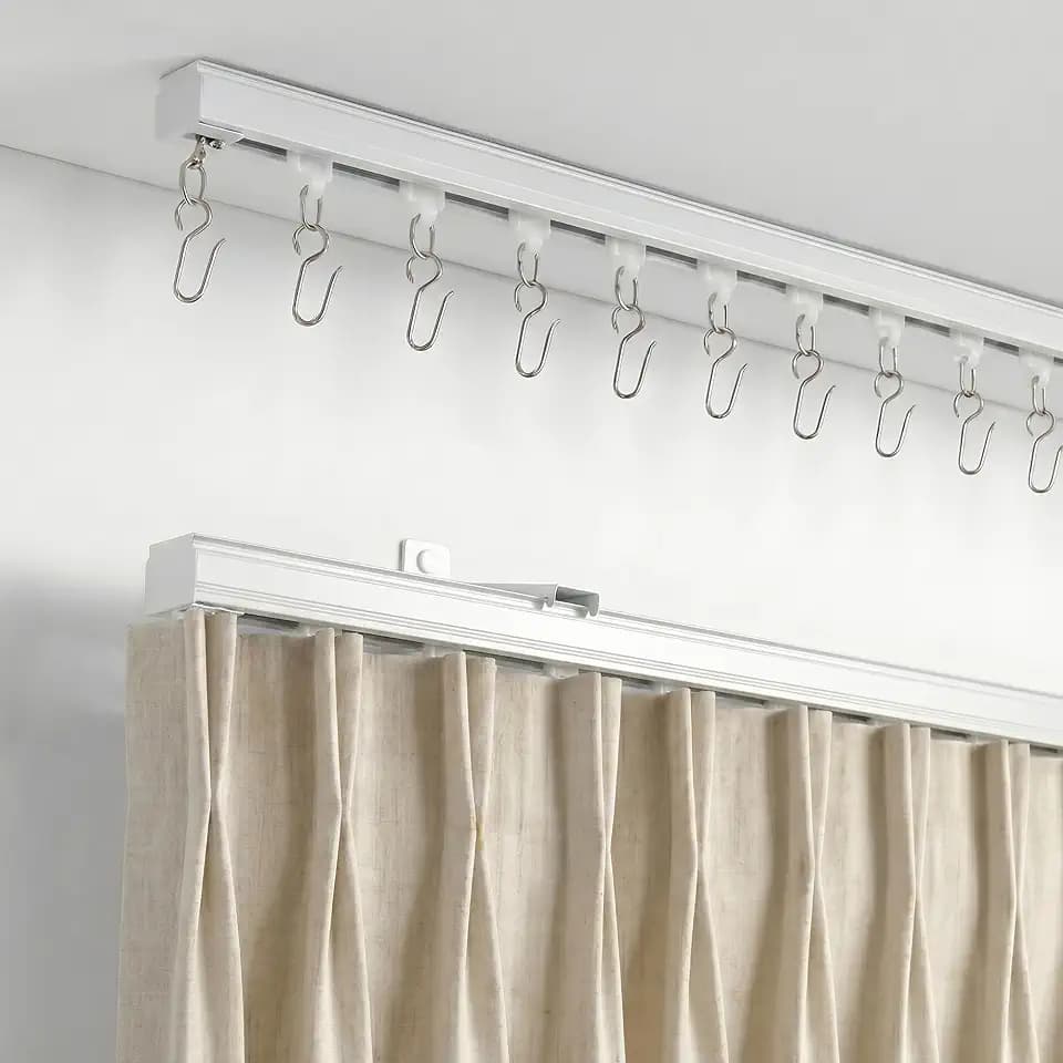 Hoeflife Ceiling Curtain Tracks,12-15FT Curtain Track Wall Mount for Bedroom,Room Divider,Living,Ceilings Mounted Curtains Track Rod,Ceiling Mount Curtains Rail Set with Hook White