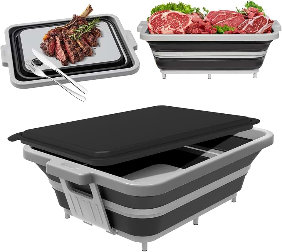 Zusammenklappbare Grillwanne mit Deckel (8L) – Falbbares Camping-Spülbecken mit Siebeinsatz | 4-in-1: Schneidebrett, Marinierbehälter, Aufbewahrungsbox & ServierTablett | Ideal für Picknick