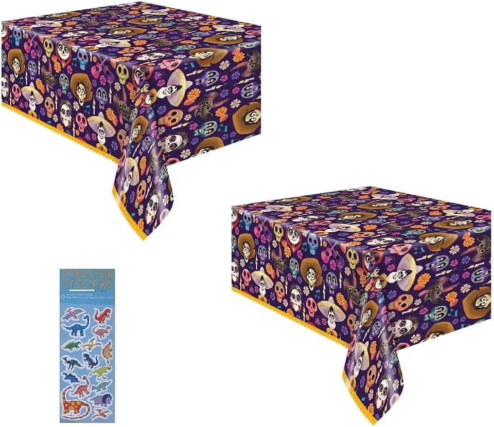Coco Party Supplies Bundle Pack Includes 2 Rectangular Plastic Table Covers 54" x 84" and 1 Dinosaur Sticker Sheet
