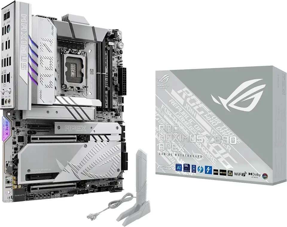 ASUS ROG MAXIMUS Z890 APEX Intel® Z890 LGA 1851 ATX motherboard, Advanced AI PC-ready, 22+2+1+2 stages, DDR5, WiFi 7, 5G LAN, 3x PCIe® 5.0 M.2, Thunderbolt™ 4, USB Type-C®, AI OC, Cooling & Networking
