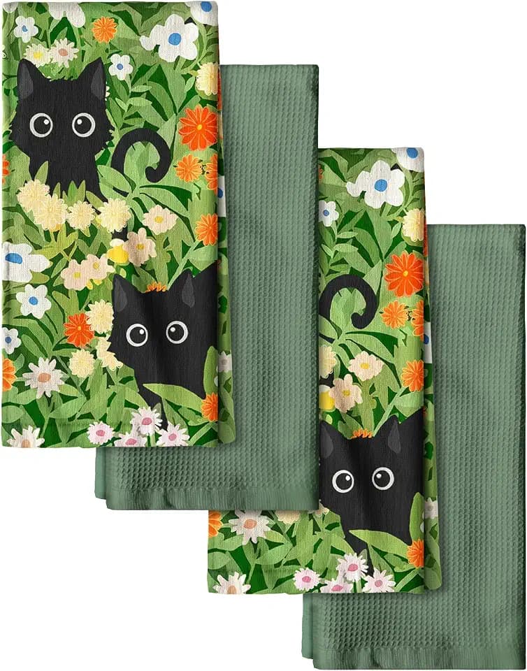 Miss Adola Cotton Kitchen Towels Set of 4, 16x26 Inch, Black Cat
