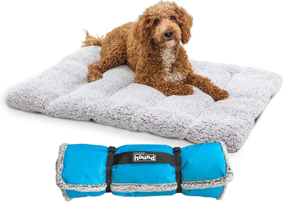 Outward Hound On-The-Go Travel Dog Bed, Portable Roll-Up Mat with Buckle, Durable Ripstop Exterior & Soft Fleece Interior, Water-Resistant Bottom, Indoor/Outdoor, Gray, 36” x 27”