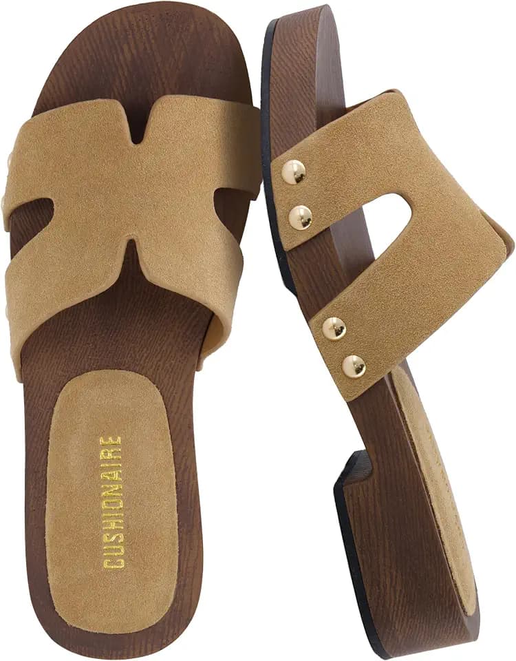 CUSHIONAIRE Thai 100% Genuine Leather Suede Platform Sandals for Women Adjustable Strap Heeled Slide Sandals