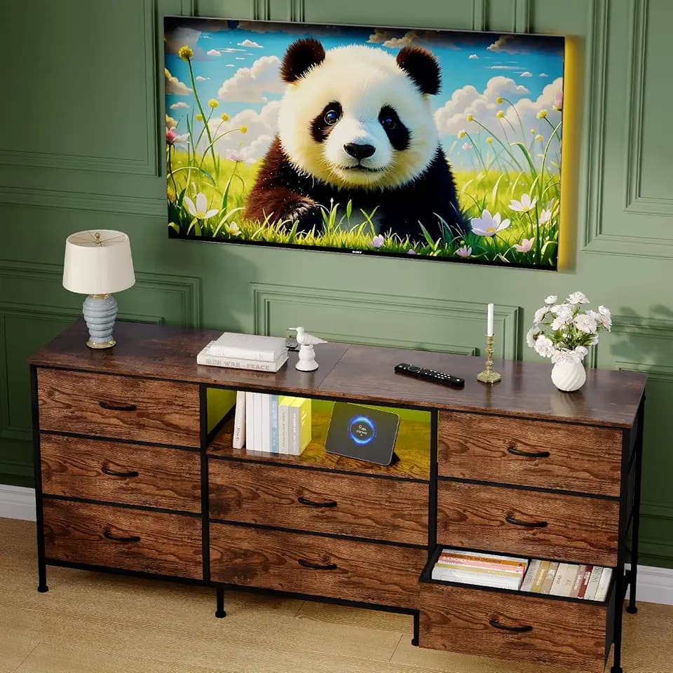 63" w LED TV Stand Dresser with 8 Fabric Drawers, Dressers & Chests of Drawers TV Stand with Storage for 65", 70", 75" TV, Steel Frame & LED Lighting, Bedroom Furniture & Living Room Organizer, Brown