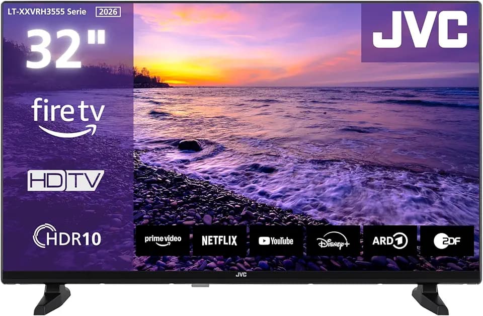 JVC LT-32VRH3555 Fernseher 32 Zoll Fire TV mit HD-Ready Auflösung Smart TV | HDR | 2x HDMI | 1x USB | Bluetooth | Alexa Sprachsteuerung | Apple AirPlay | Triple-Tuner DVB-C/-S2/-T2 | Modelljahr 2026