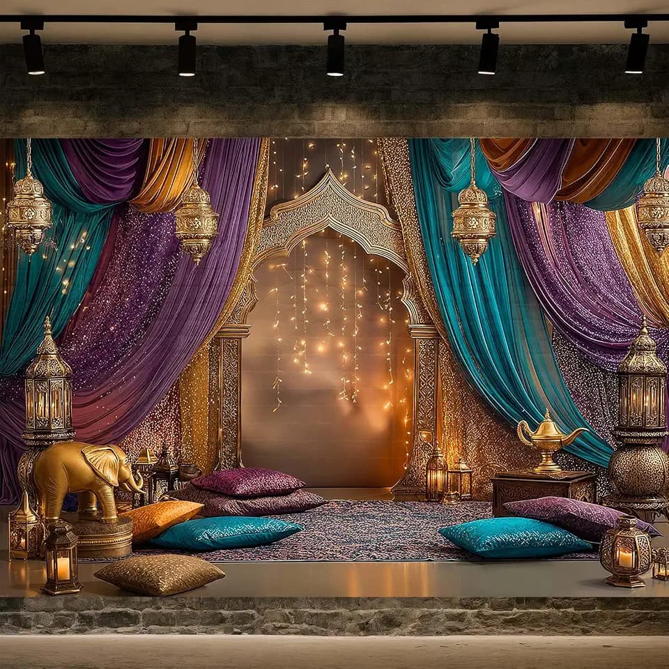 7x5ft Arabian Moroccan Nights Party Photography Backdrop, Moroccan Nights Purple Blue Curtain Lamp Luxurious Princess Wedding Birthday Baby Shower Party Background Decorations Photo Studio Props
