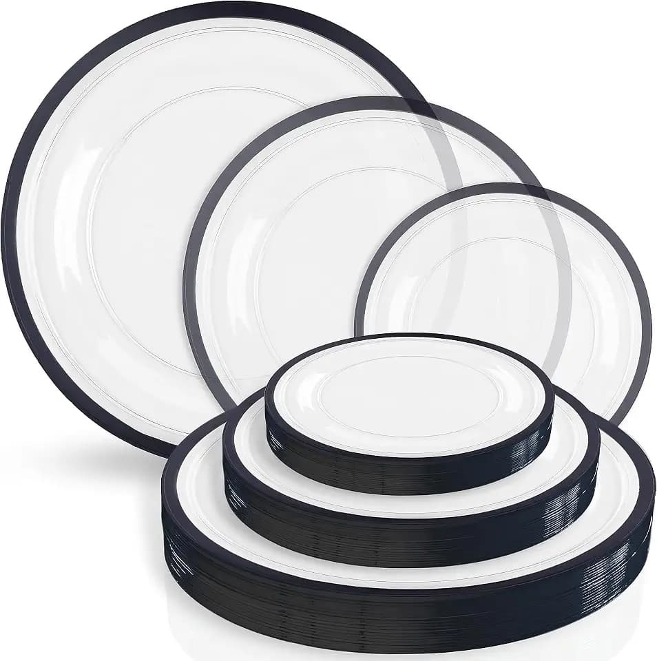 Blue Sky Contrast Collection Clear With Black Rim Combo Plate Set - 7", 10" & 13" (24-Count) Round Plastic Disposable & Reusable Dinnerware for Parties and Events
