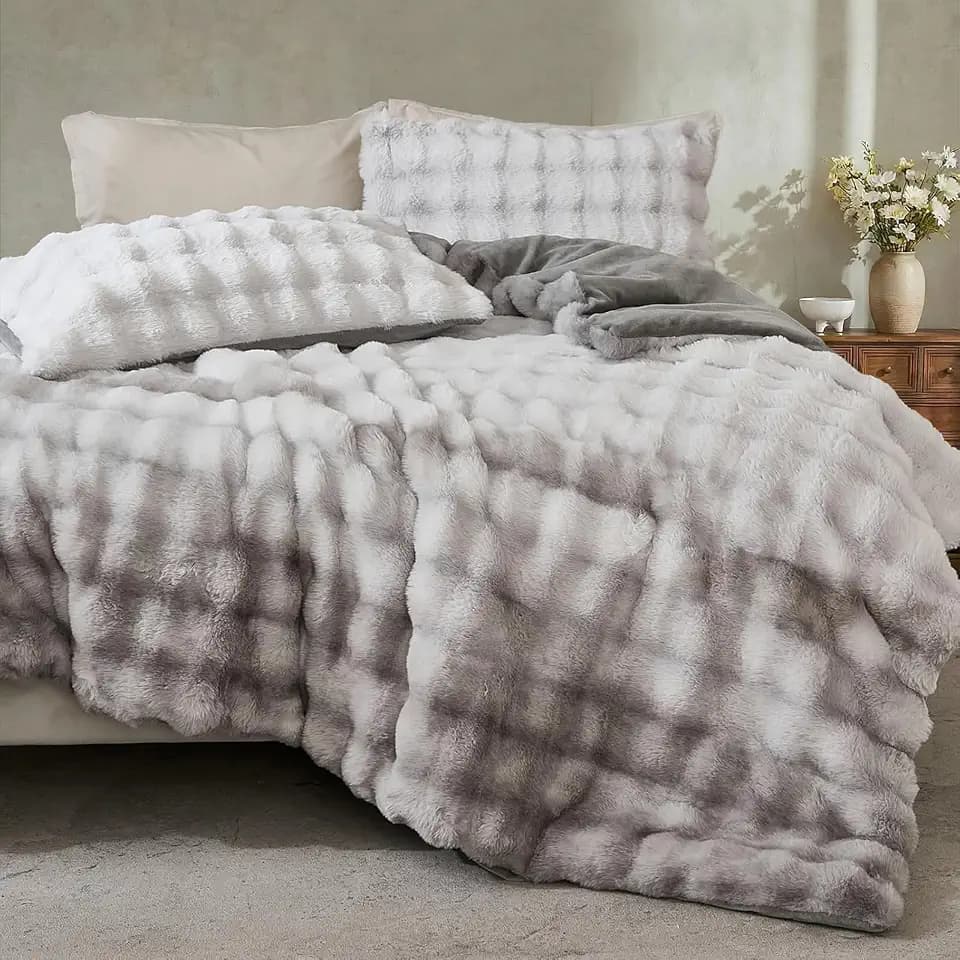 Bedbay Fluffy Faux Rabbit Fur Bubble Comforter Set Queen Size Tie Dyed Grey Plush Fuzzy Bedding Set Ultra Soft 3 Pieces Warm Shaggy Faux Fur Thick Fluffy Comforter Bedding Set for All Seasons