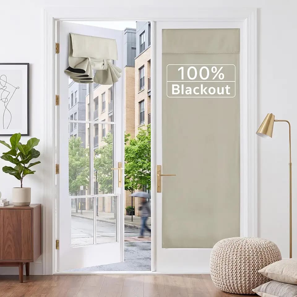 RYB HOME 2 Panels 100% Blackout French Door Curtains Set of 2 - W26 x L69, Natural - No Drill Door Window Curtains Thermal Insulated Privacy Assured Shades for Front Entrance