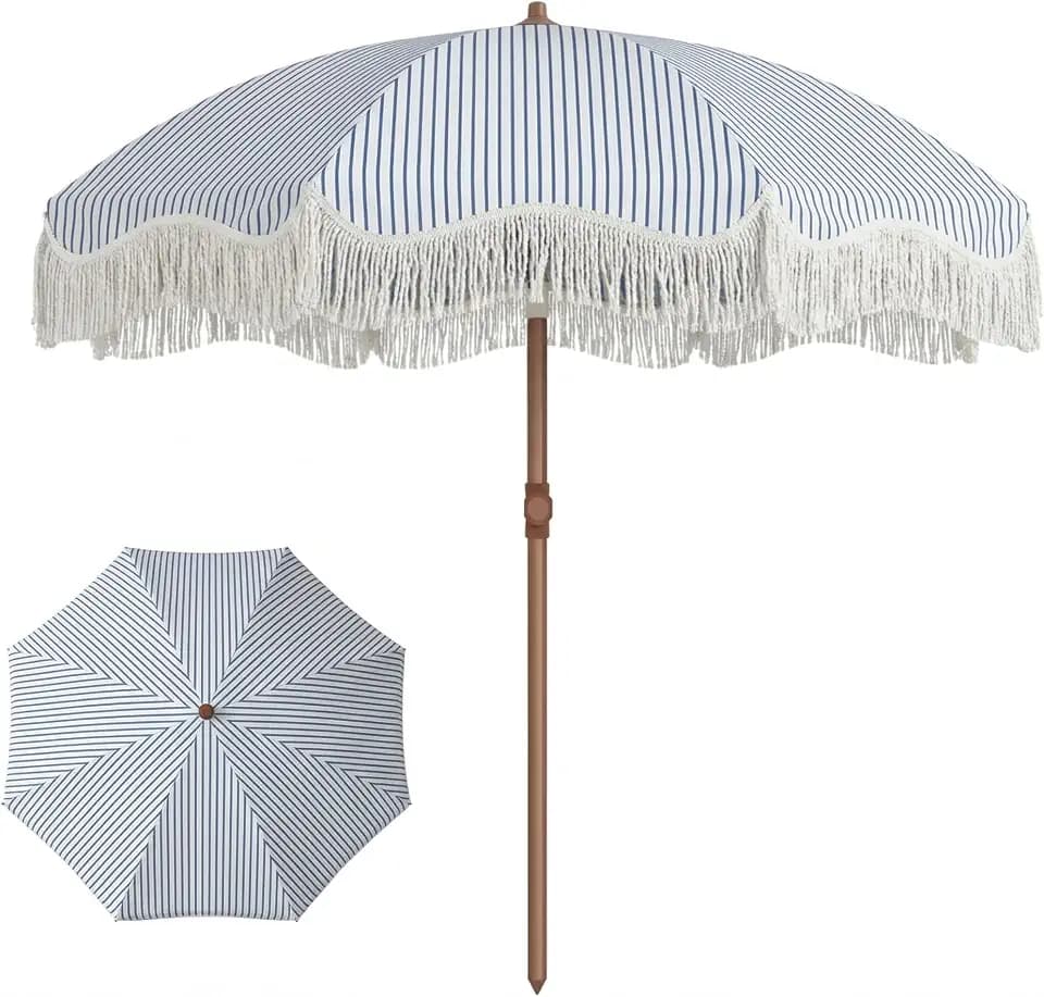 7ft Patio Umbrella with Fringe, Boho Beach Umbrellas, Outdoor Tassels Umbrellas with Push Button Tilt & Carrying Bag, 8 Windproof Fiberglass Ribs, UPF50+, Blue and White Stripe