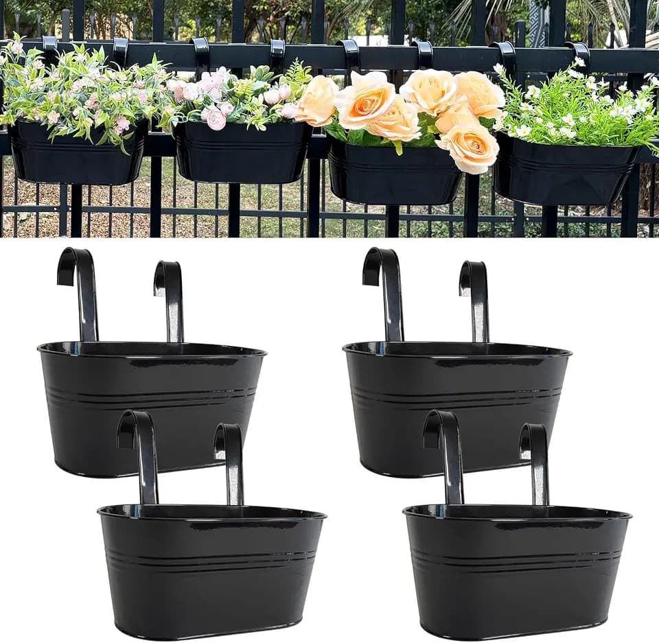 4 Pack 12" Metal Balcony Fence Railing Planters for Outdoor, Oval Black