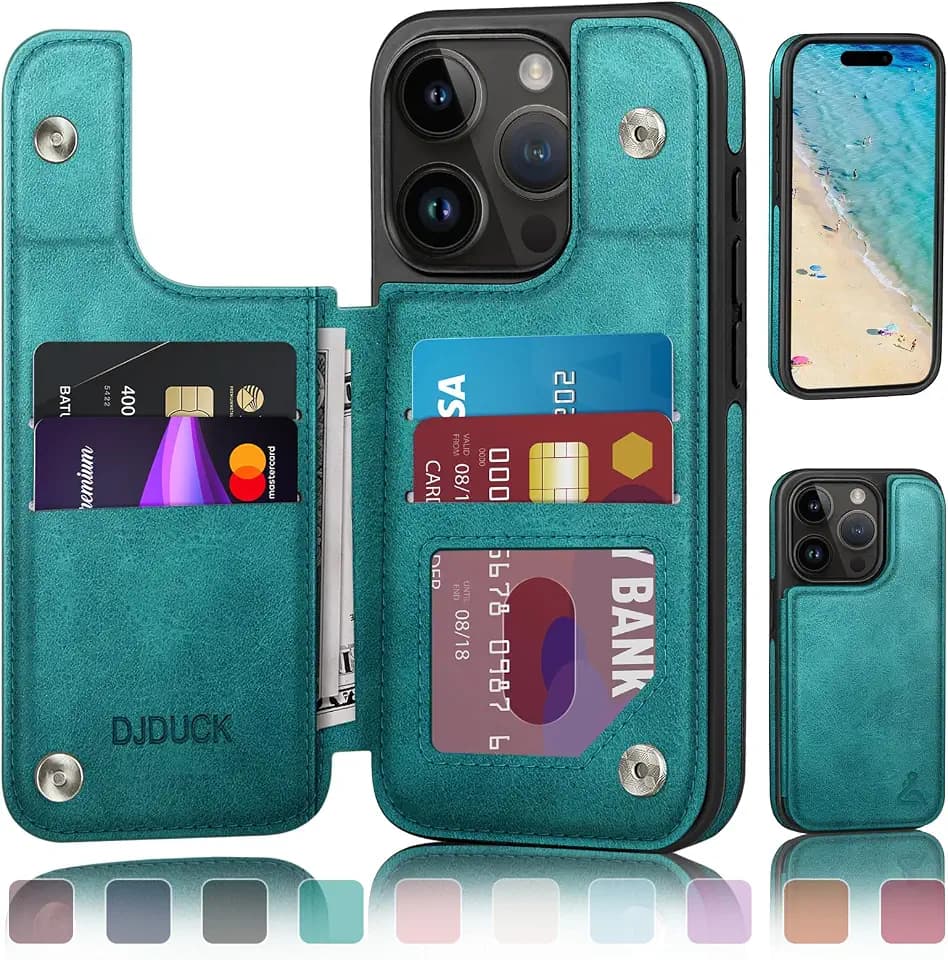 DJDUCK Designed for iPhone 14 Pro Max Case Wallet with Card Holder, [Magnetic Clasp Cover] [RFID Blocking Leather Protection] Shockproof Women Men Cases 6.7 Inch for Apple 14 Pro Max Blue Green