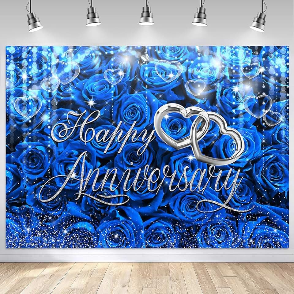 Mocsicka Happy Anniversary Backdrop, Blue and Silver, 7x5ft
