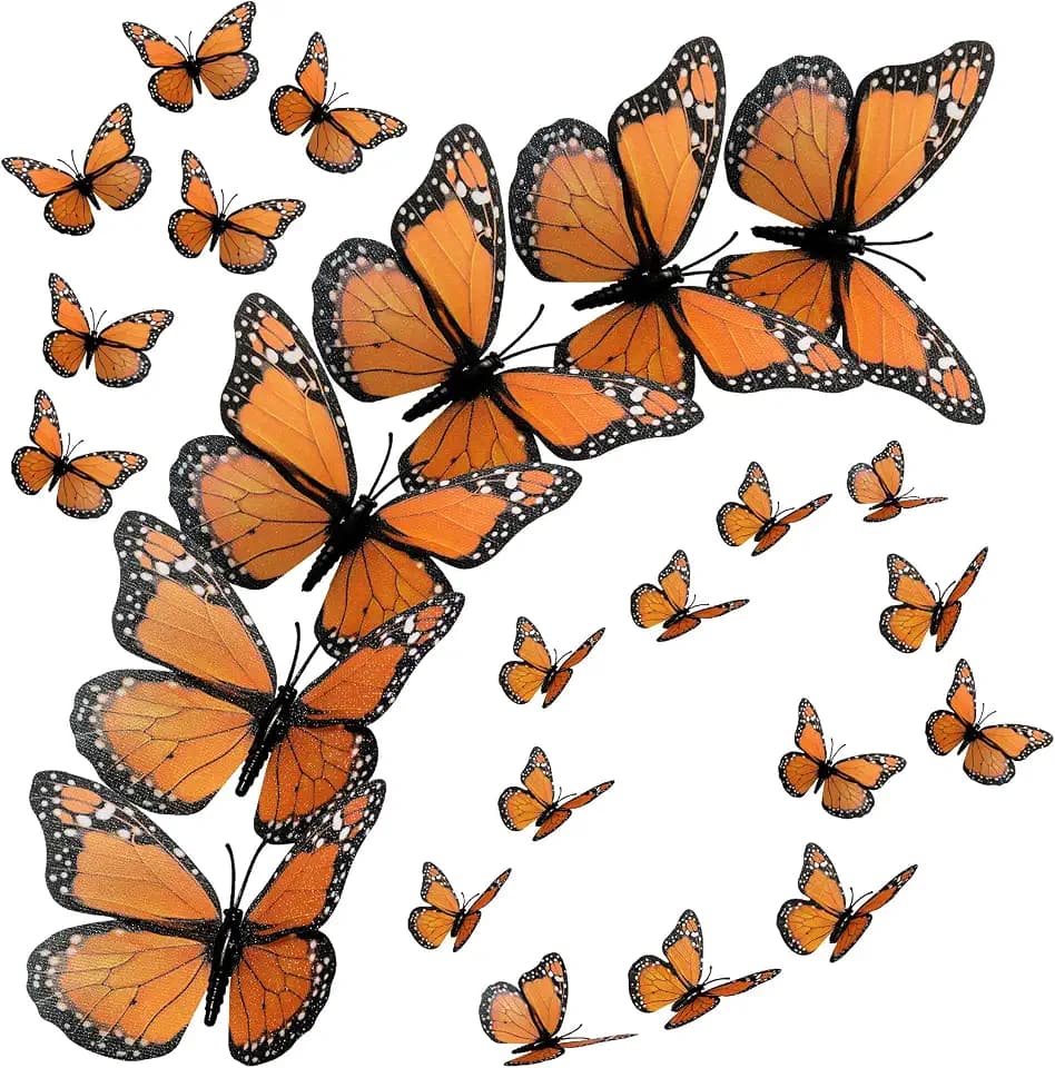 24 Pcs 4 Size Monarch Butterfly Decoration, 3D,Orange