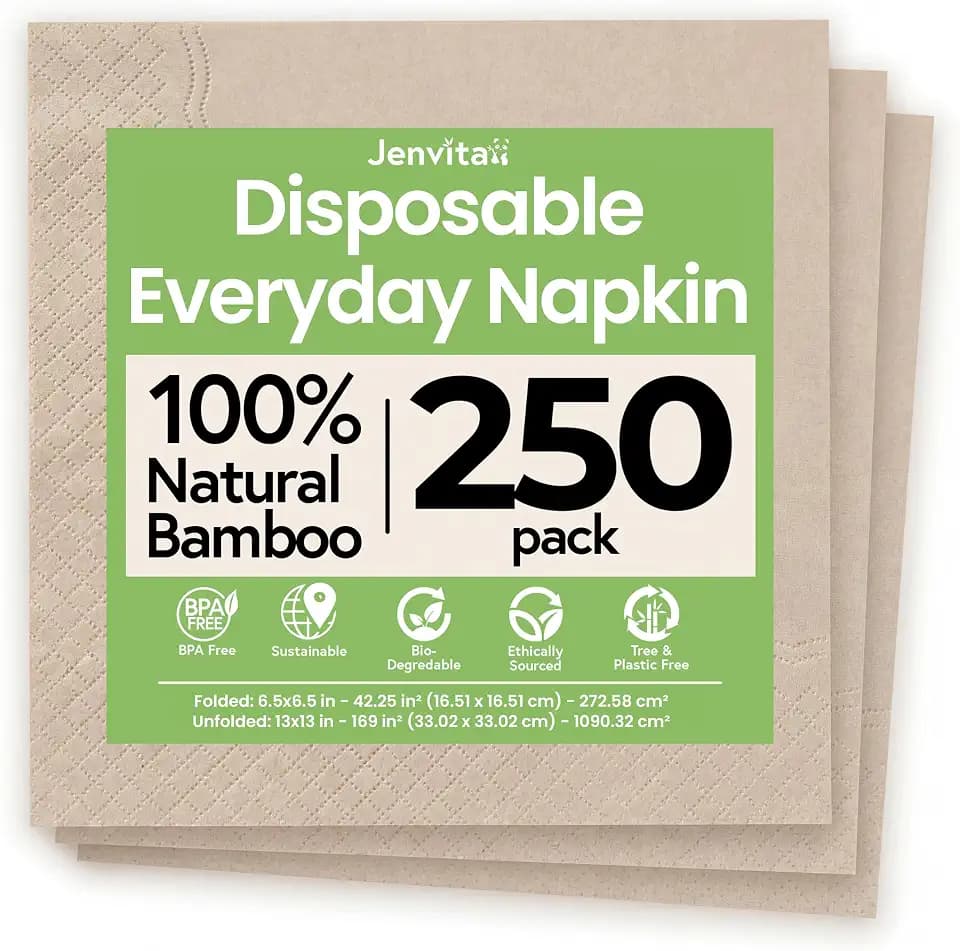 Jenvita 100% Bamboo Table Napkins, 250 Pack, 6.5 x 6.5 Inch