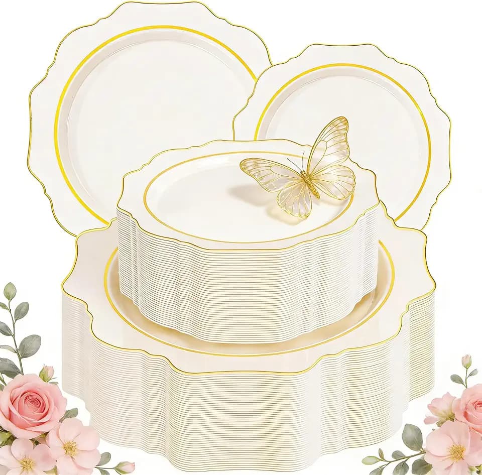 WDF 100PCS Ivory Plastic Plates with Gold Rim - Cream Plastic Plates - Include 50 Dinner & 50 Dessert Fancy Disposable Plate for Party - Heavy Duty Beige Plate for Baby Shower/Wedding