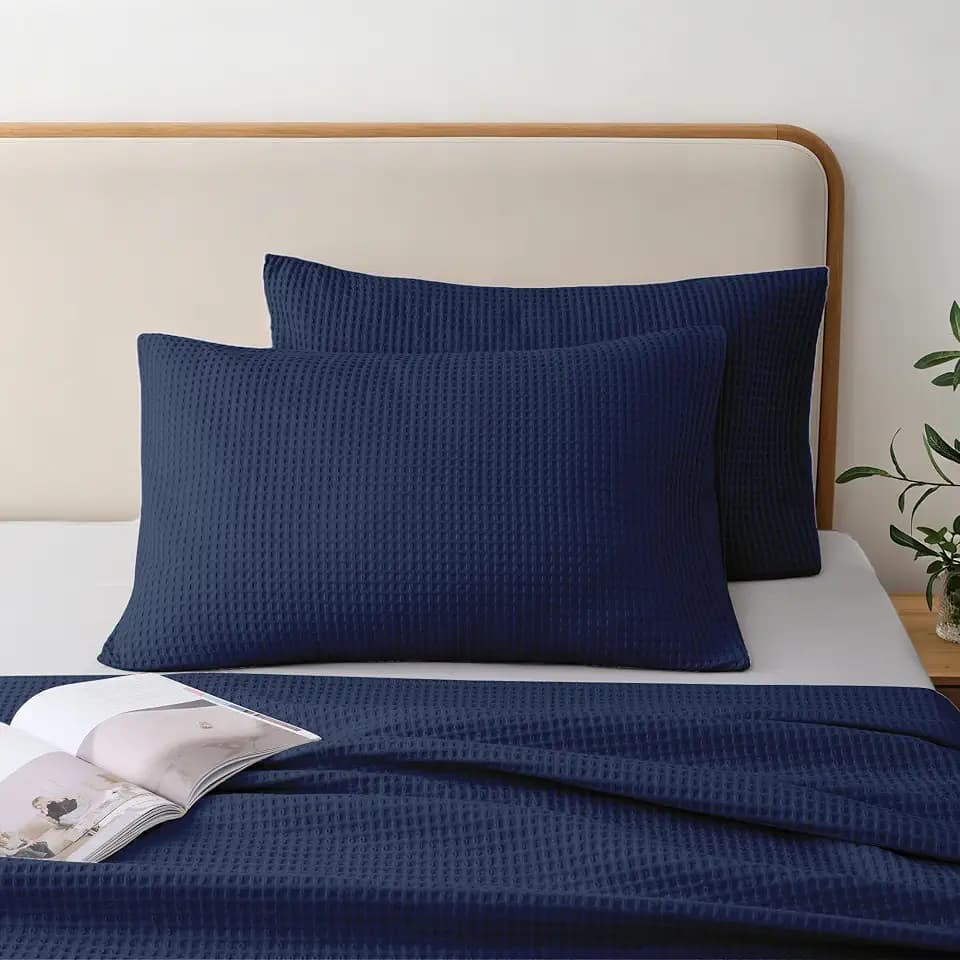 100% Cotton Waffle Pillow Shams Queen Size Set of 2, Navy Blue, 20" x 30"