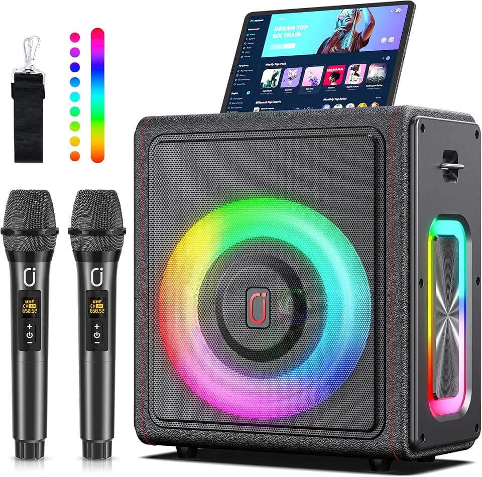 Karaoke Maschine, Tragbarer Bluetooth 5.3-Lautsprecher mit 2 drahtlosen Mikrofonen, Pa Anlage mit Tonhöhenkorrektur und Echoanpassung, Unterstützung für TWS/TF-Karte/USB/AUX für Familientreffen