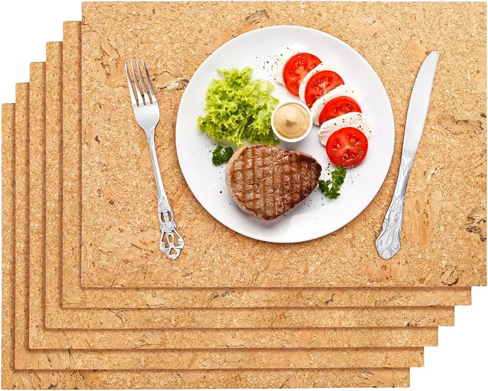 Fasmov 6 Pieces Cork Placemats, 17 x 12 Inch Heat Resistant Dining Table Place Mats, Anti Slip Wood Place Mats Wood Grain Placemats Rustic Mats for Kitchen and Dining Tables, Easy Clean Table Mats