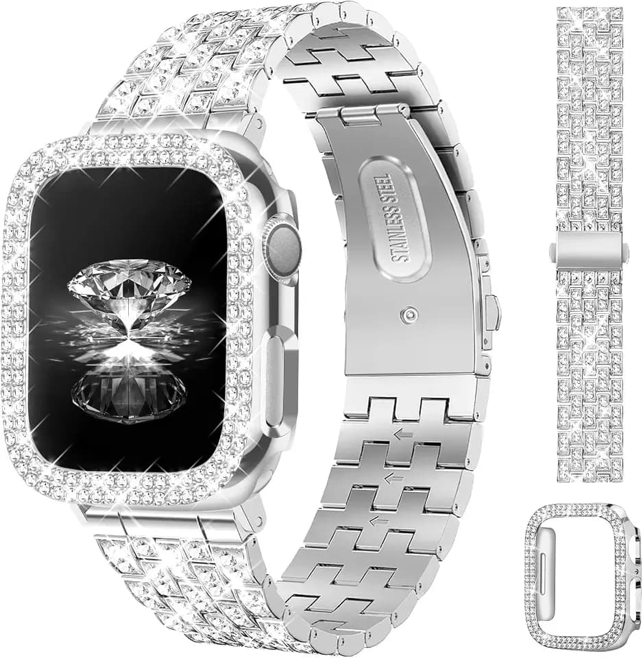 Diamond Bands with Bling Case Women Compatible with Apple Watch 40mm 38mm 41mm 44mm 45mm 42mm 46mm 49mm Luxury Metal Bracelet Replacement Strap for iWatch Series 11/10/9/8/7/6/5/4 SE/Ultra 3/2/1