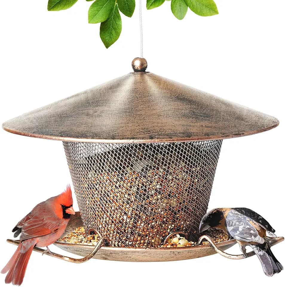 Metal Bird Feeder for Outdoor Hanging 9.8" Roof 3 LBs Seeds Capacity