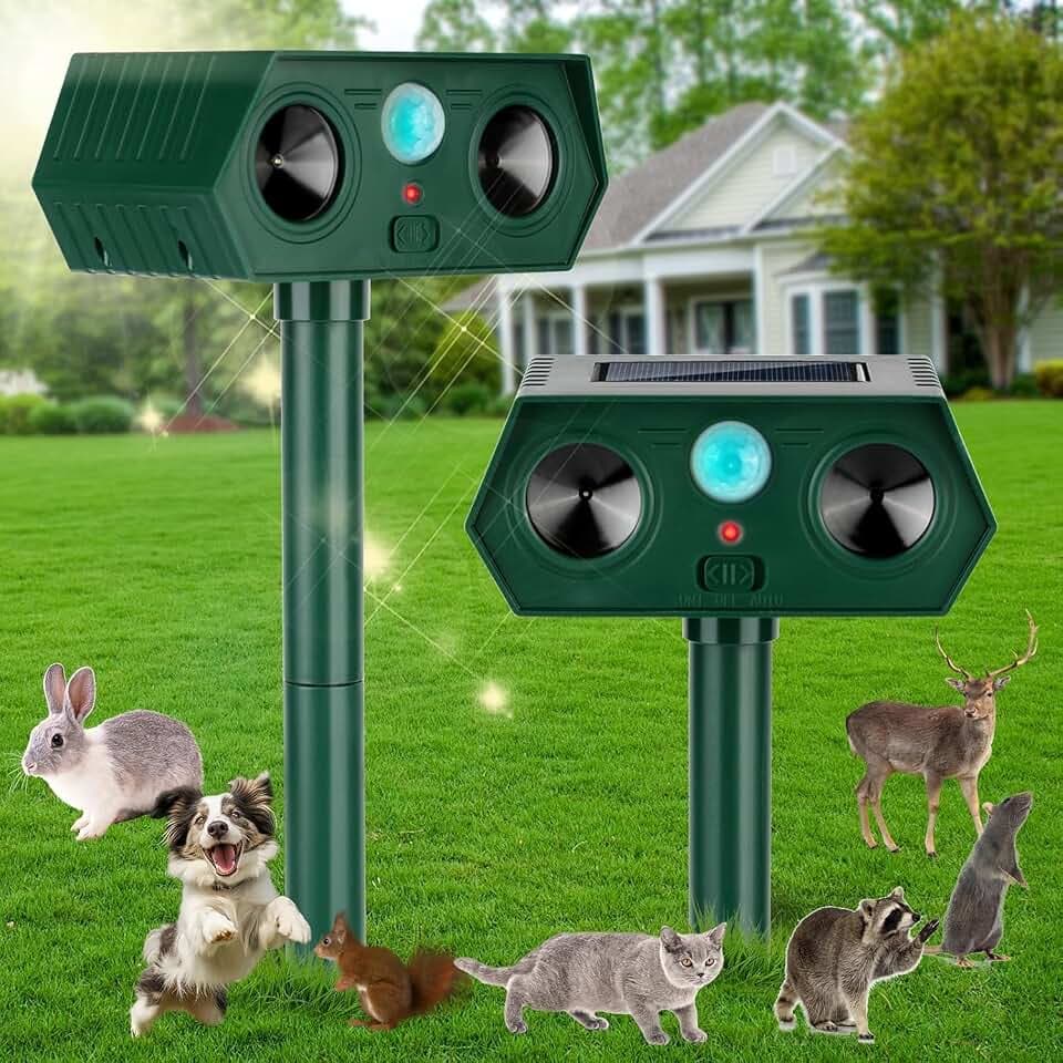 Professioneller 2er Pack Ultraschall Abwehr & Tier-Vertreiber mit Solar, Katzenschreck, Hundeschreck, Marderschreck