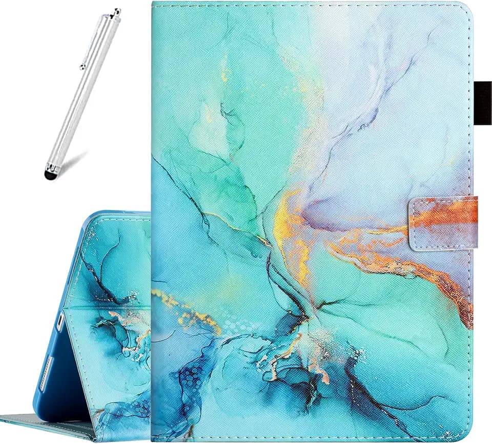 Fancity Hülle für iPad (A16) 11. Generation 11 Zoll 2025, iPad 10. Generation 10,9 Zoll 2022, Synthetisches Leder Intelligent Schlaf/Wach Schutzhülle mit Kartensteckplatz Hülle, Marble Green