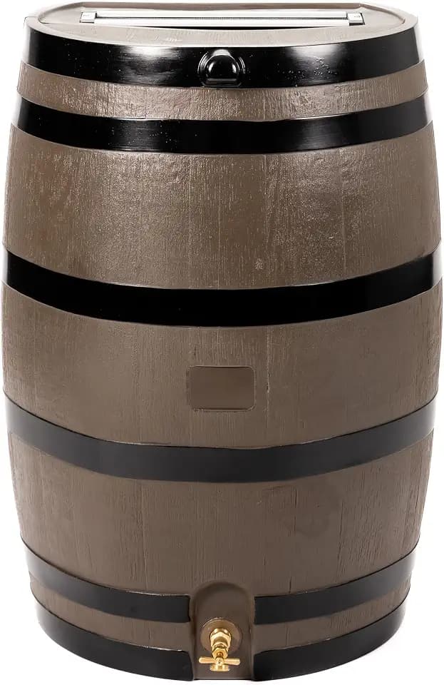 RTS Home Accents 50-Gallon Rain Barrel, Flat Back Rain Water Collection Barrel, Woodgrain with Black Stripes