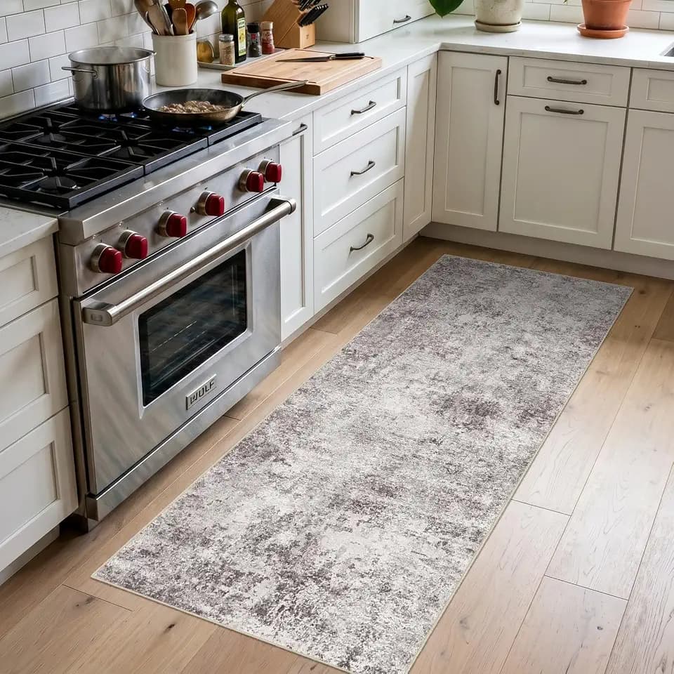 2x5 Washable Kitchen Runner Rug: Modern Abstract Low Pile Rugs GrayCream