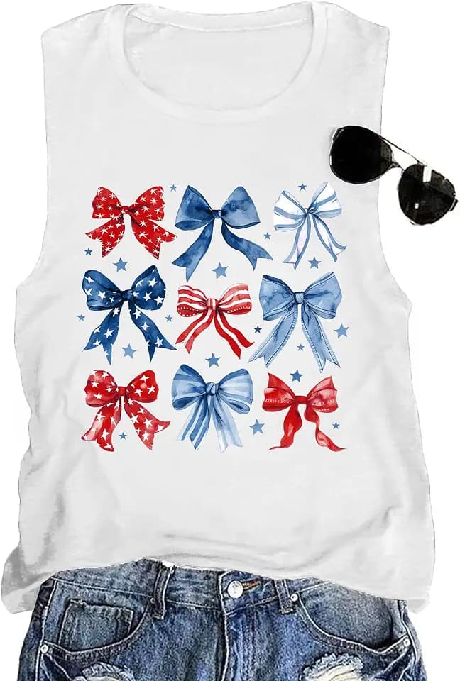 American Flag Tank Top Women Patriotic Bow Ribbons Sleeveless Shirt 4th of July Summer Vest Tops