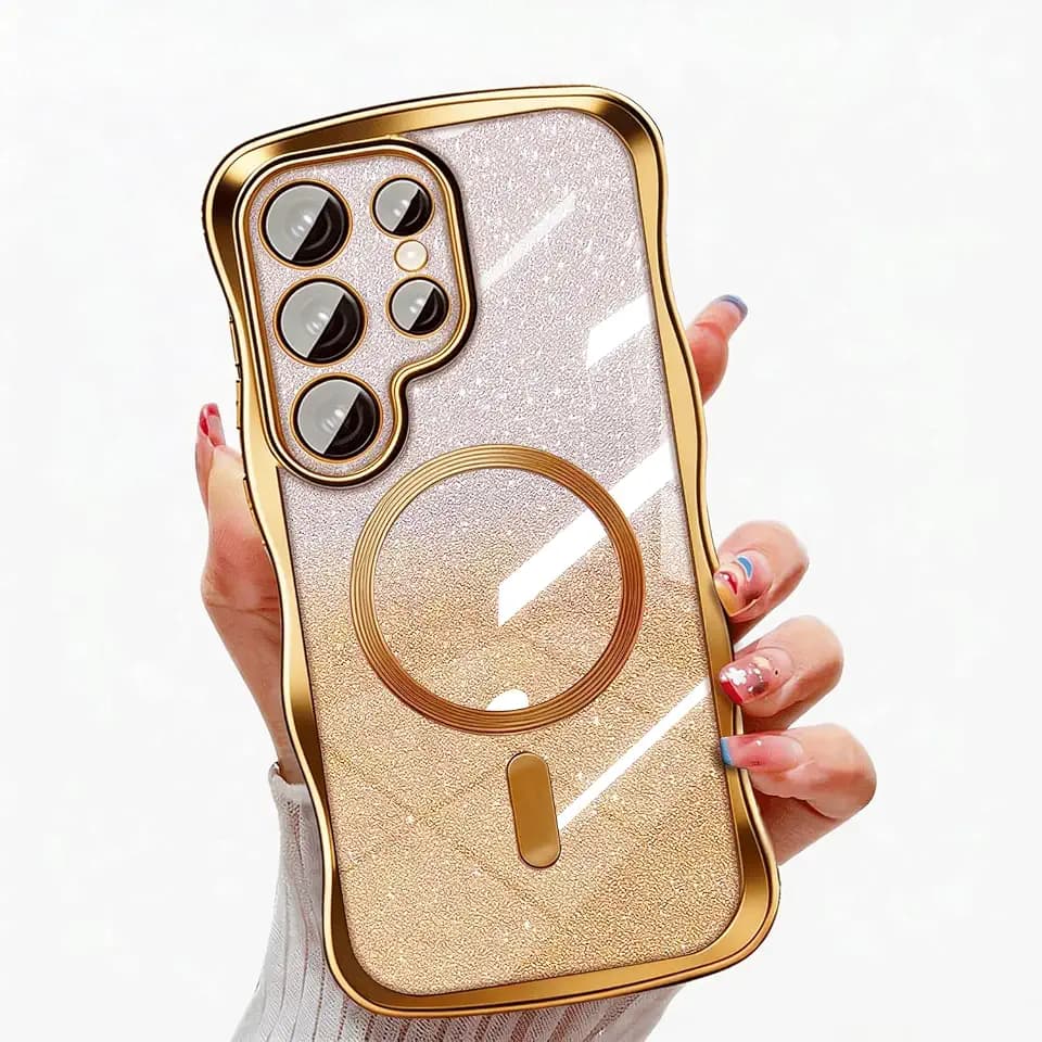 Misscase for Samsung Galaxy S26 Ultra with Magnetic Case 6.9", Compatible with MagSafe, Built-in Camera Lens Protector Full Protection,Soft TPU Cute Wavy Glitter Slim Border Phone Cover Golden