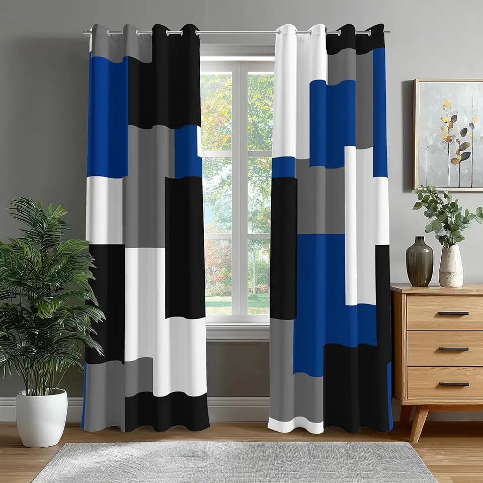 Blackout Curtains for Bedroom Blue and White Black Out Curtains for Living Room Modern Geometric Abstract Room Darkening Window Drapes (52 x 96 - Inch,Blue Plaid)