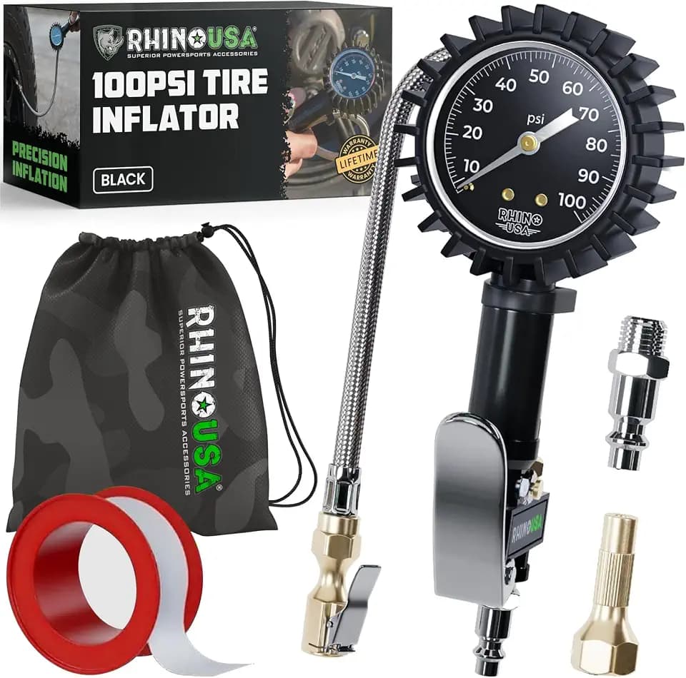Rhino USA Tire Pressure Gauge with Inflator (0-100 PSI) - Braided Hose
