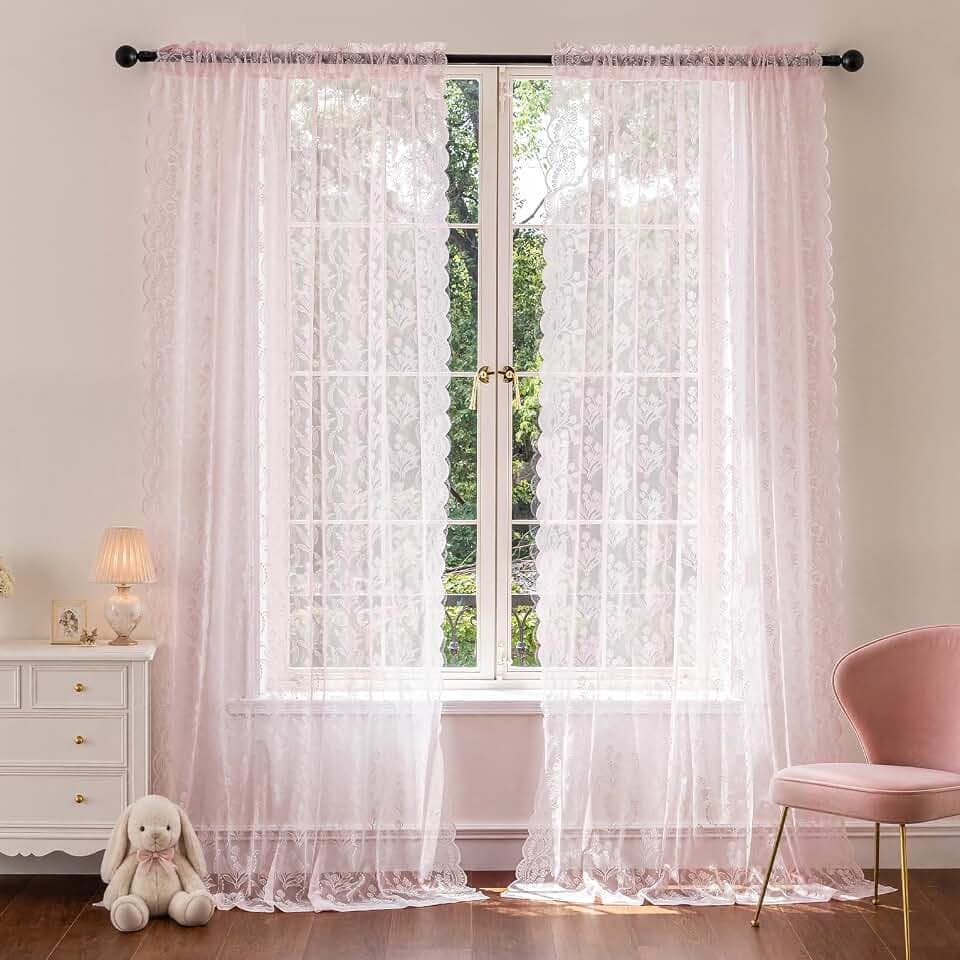 Pink Tulip Lace Curtains 84 Inches Long, Cute Cottagecore Floral Semi Sheer Light Filtering Window Curtains for Living Room & Girls Bedroom, Rod Pocket, Set of 2 Panels (Pink, 52" W x 84" L)