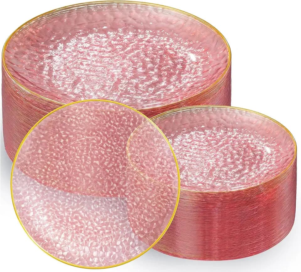 Rubtlamp 100Pcs Clear Pink Gold Plastic Plates, Pink Disposable Plates With Gold Rim, Hammered Plastic Plates Include 50 Clear Dessert Platos, 50 Dinner Platos for Party