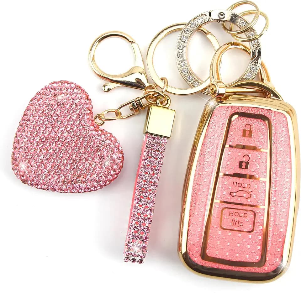Key Fob Cover with Diamond Keychain Car Key Holder Compatible with Toyota 2018-2024 Highlander RAV4 Camry Avalon C-HR Corolla GT86 Smart Key Protector for Women, 4 Buttons (Pink-Heart)