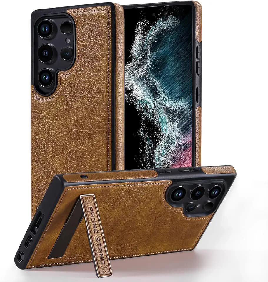 Leather Case with Stand for Samsung Galaxy S25 Ultra Case, Protective Soft Grip Luxury Cover for Men, Protective Slim Kickstand Shockproof Phone Cases Compatible with S25 Ultra, Brown