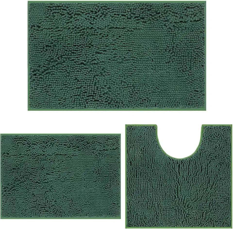 Bathroom Rug Mat Set 3 Piece, Chenille Bath Mat Set, Non-Slip Ultra Soft Carpet Mats, Absorbent with U-Shaped Toilet for Bathroom, Tub, Shower, Deep Green