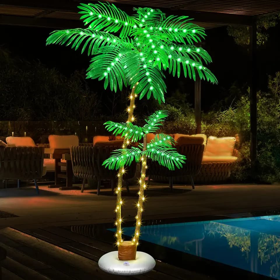 PINPON 6FT Plug-in Lighted Palm Tree 2 Trunks 8 Modes IP65 Indoor Outdoor