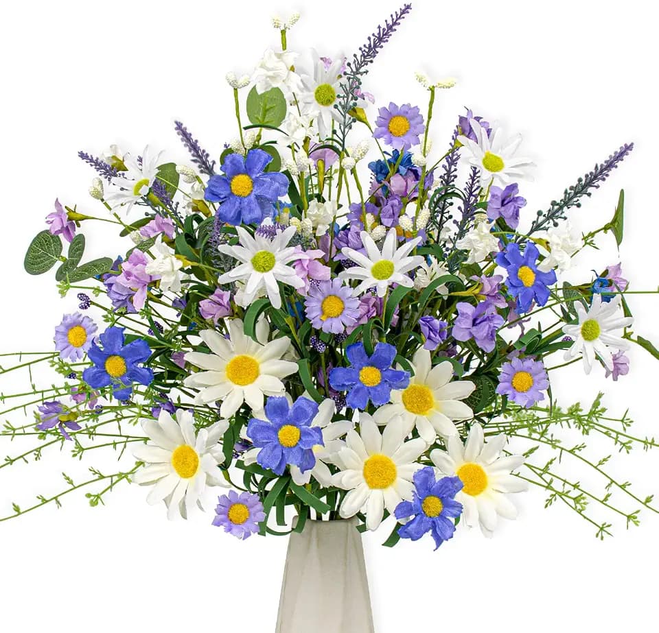 12 PCs Artificial Spring Summer Flowers Rustic Blue and White Artificial Flowers Wildflower Floral Stems with Daffodils Daisy Flower Picks for Vase Table Centerpieces Summer Spring Decor