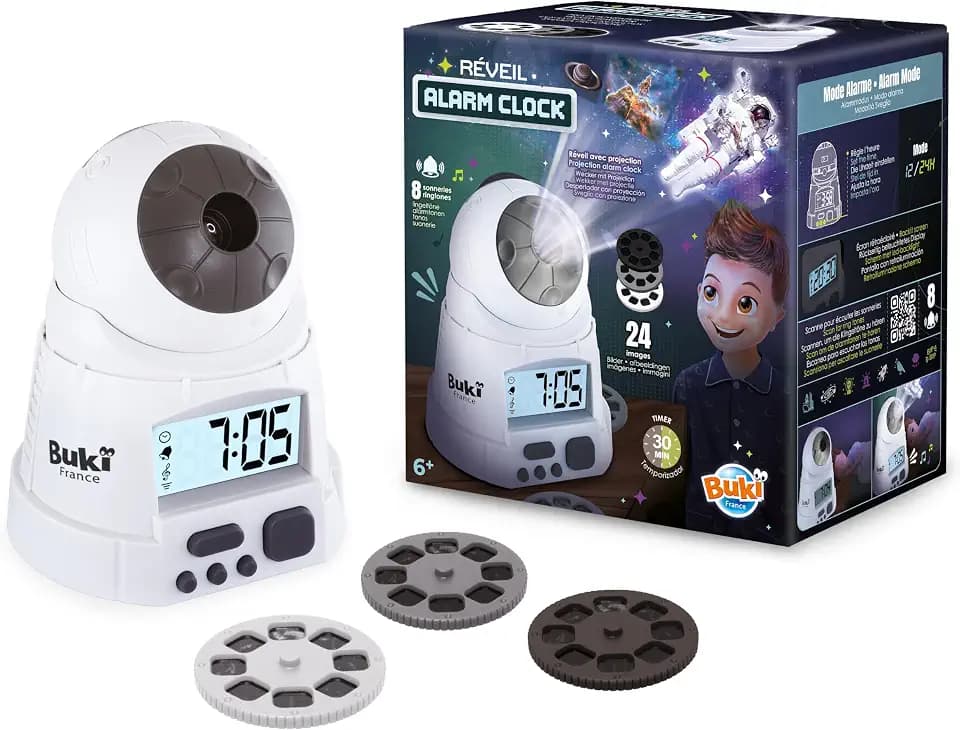 Buki France - Wecker mit Projektor, Weltraum, 24 Bilder zum Projizieren – 8 Klingeltöne – Nachtlicht für Kinder Timer 30 Minuten – Lernspielzeug Astronomie – ab 6 Jahren – 1605