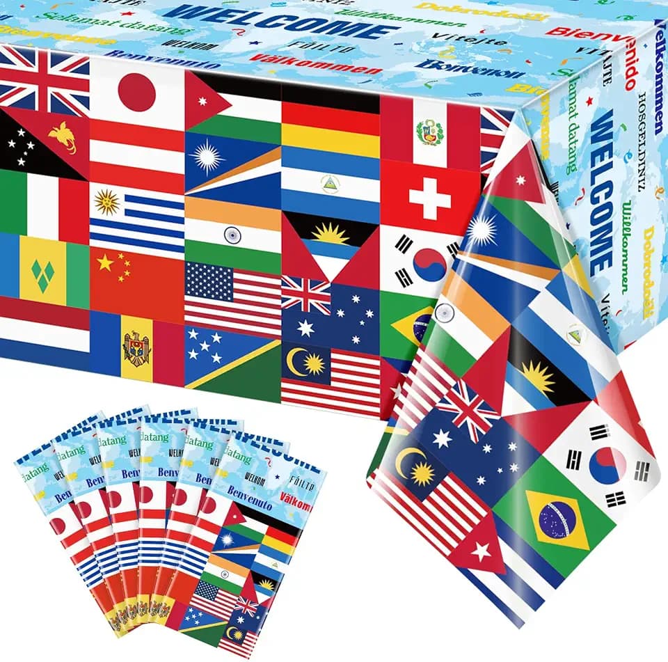 6 Pack International Flag Tablecloths Disposable World Flag Table Cover Rectangle Plastic Table Cloth for Soccer Sports World Cup Events Beer Party Olympics Party Decorations,108 X 54 Inch