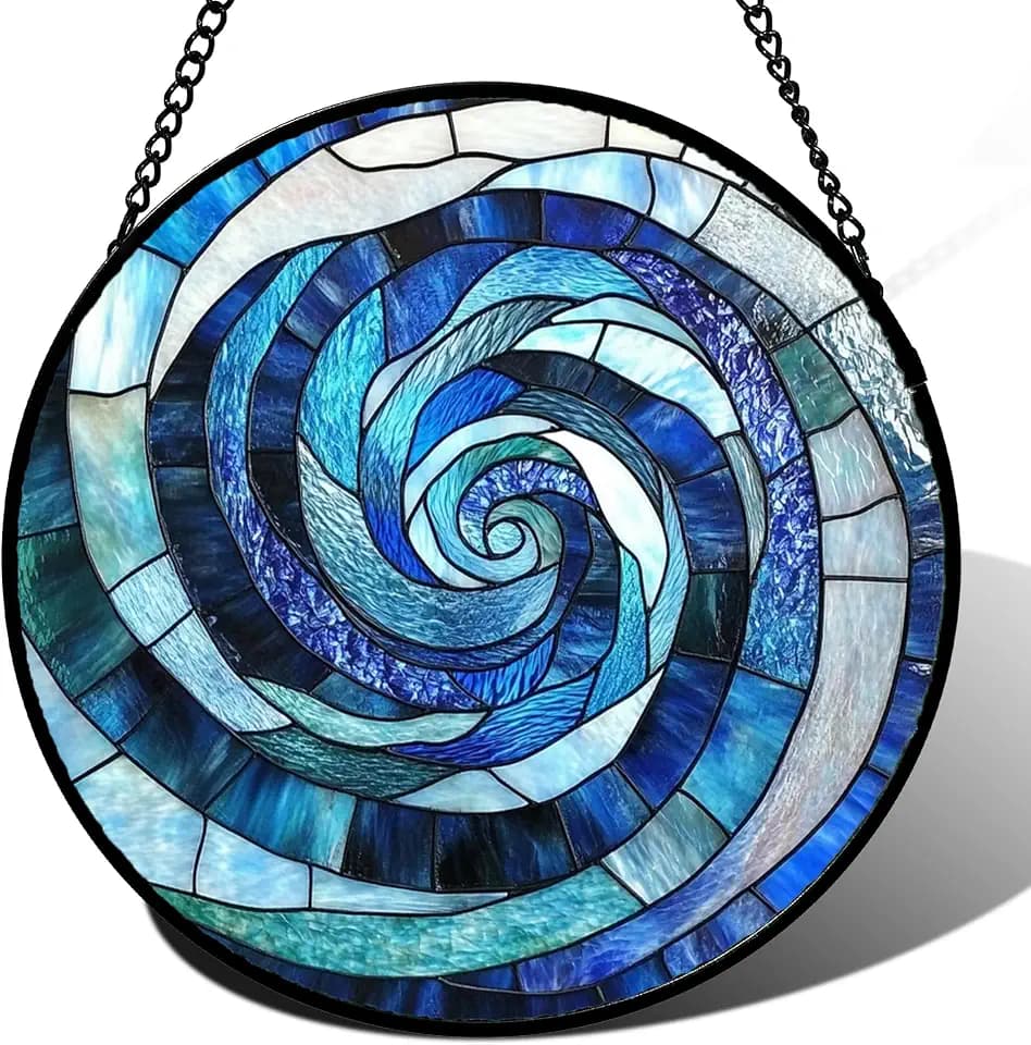 Blue Ocean Wave Stained Glass Window Hanging Suncatcher Gift for Women 9.8"