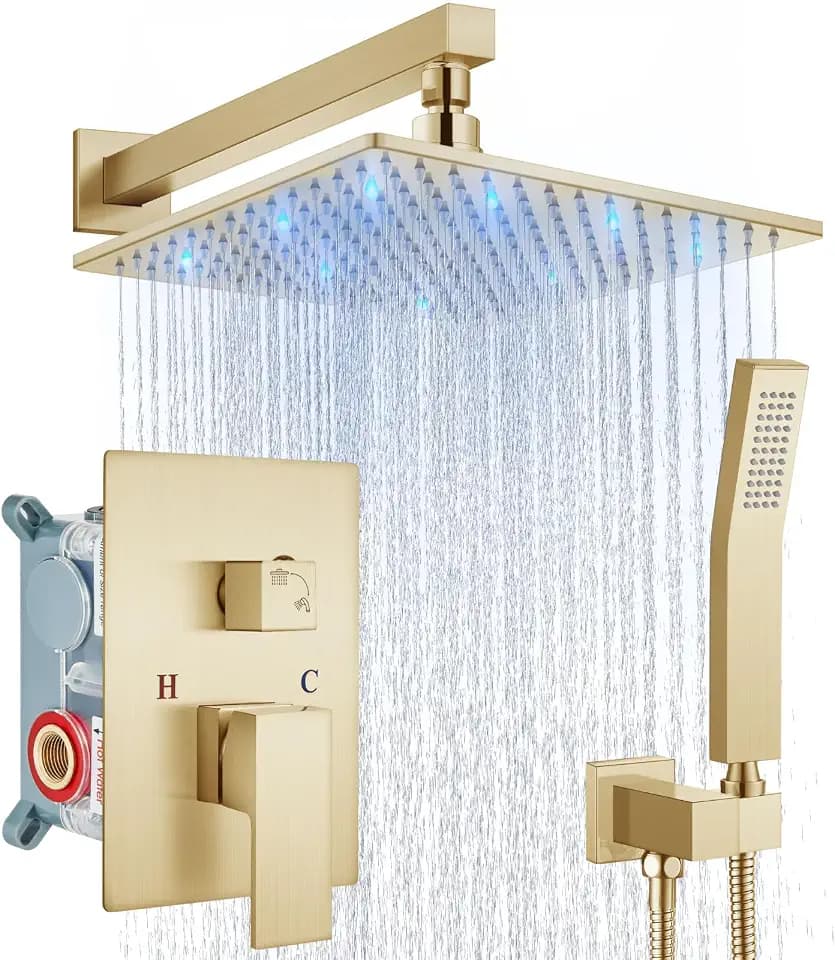 Aolemi Shower Faucet Set with Valve Handheld 10" LED Head Brushed Gold