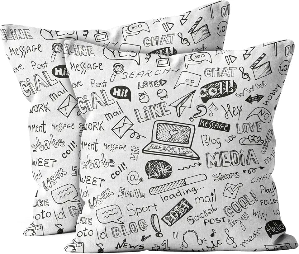 Set of 2, Decorative Square Throw Pillow Case Cushion Cover, Social Media Words Pattern, 20X20 inch, for Couch Sofa Bedroom Chair Home Decor